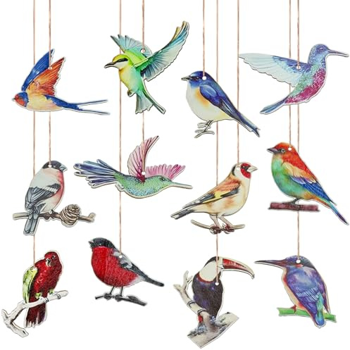 12PCS Hummingbird Christmas Ornament Wooden Bird Hanging Decoration Pendant with Hemp Rope for Christmas Tree Decoration Home Party Wall Decor (12PCS Bird)