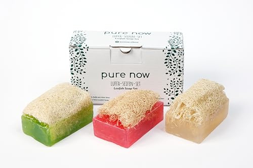 Pure Now Luffa Seifen Set (3x100g) – Mit Aloe Vera, Rosenöl & Reiswasser – Vegan, Natürliches Peeling, Feuchtigkeitsspendend