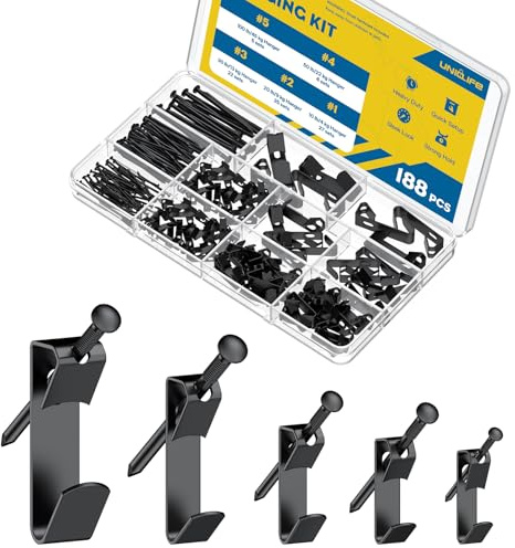Uniclife Kit di Sospensione per Quadri 188 Pezzi, 4 kg, 9 kg, 13 kg, 22 kg, 45 kg Ganci per Quadri Rinforzati per Cartongesso e Legno, Ganci per Cornici per Appendere Foto Specchi Dipinti, Nero