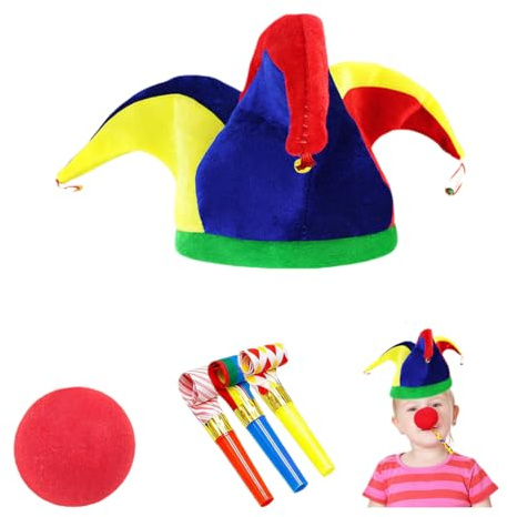VYNZOR Cappello a Triangolo da Clown con Naso di Spugna e 2 Trombette - Accessorio Completo per Costume Carnevale - Ideale per Feste, Party e Intrattenimento