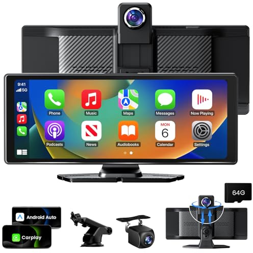 10.26 Wireless CarPlay Touchscreen 360° Rotation 4K Dash Cam Car Play Screen Carplay & Android Auto Portable Car Stereo 1080p Backup Camera GPS Navigation Bluetooth Mirror Link Voice Control/Siri