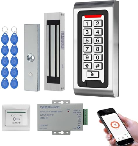 Sistema di Controllo Accessi WiFi Tuya RFID, Tastierino a Codice in Metallo IP68, Alimentatore DC12V, Serratura Elettromagnetica 180kg Finitura Spazzolata Fail Safe, Pulsante di Uscita + 10 Badge