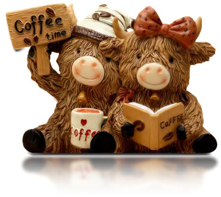 Aurelx Highland Cow Holz Deko, 2D Flache Holzdeko, Hochlandrind Holzfiguren mit Buch & Kaffeetasse, Highland Cow Deko für Wohnzimmer Bücherregal Büro, Buch Geschenk für Paare, Verliebte, Liebhaber