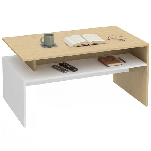 HOMCOM Mesa de Centro Moderna Compartimento 95x55x50 cm Natural y Blanco