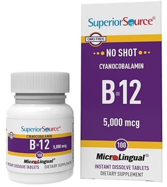 Superior Source No Shot Vitamin B-12 Cyanocobalamin 5000 mcg - Vitamin B-12 to Support Energy Production, Brain Health & Overall Wellness - Sublingual Tablets - 100 Dissolvable Tablets