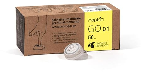 Confezione da 50 salviette umidificate tascabili pronte all'uso NAPKIN GO 01 in capsule monouso con fragranza Limoni di Sorrento, Biodegradabili, Anallergiche utilizzo anche su pelle sensibile.