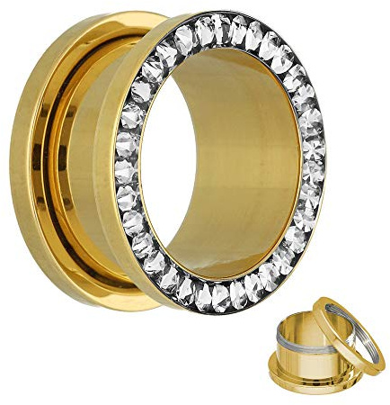Kristall Flesh Tunnel in Gold - mit Klaren Kristallen - 17 Größen: 2 - 30mm - schraubbar - mit Kristallschutz! - Piercing Ohr Flesh Tunnel aus goldenem Chirurgenstahl 316L (nickelfreier Edelstahl)