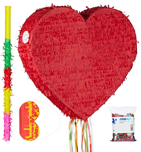 Relaxdays 4-teiliges Set Pinata Herz inkl. Stab & Augenmaske & Konfetti zum Befüllen mit Süßigkeiten romantisch hängend rot