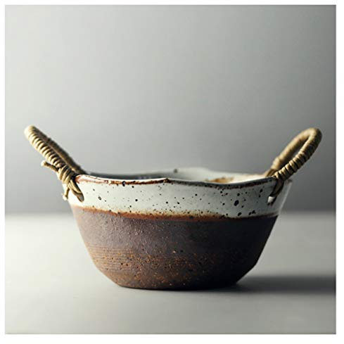 Vintage Handmade Ceramic Stoneware Bowl Brown Oven Safe with Hemp Rope Handles Black Speckled Spotted, Small Japanese Dinnerware for Soup, Cereal, Salad and Dessert, 150ml