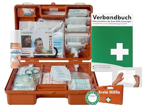Verbandskoffer/Verbandskasten (M) Typ S - Erste Hilfe nach aktueller DIN 13157 für Betriebe -DSGVO- INKL. PERFORIERTEM VERBANDBUCH + Sprühpflaster