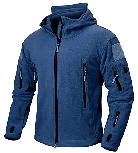 Carwornic Veste en polaire tactique pour homme, chaude, style militaire, à capuche, pour le sport en plein air, randonnée, manteau avec multi-poches, bleu marine, M