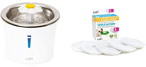 Catit Flower Fountain, Blumentrinkbrunnen mit Edelstahleinsatz, für Katzen, 3L, weiß/Edelstahl & 2.0 Triple Action Filter, 3fach wirksamer Ersatzfilter, Trinkbrunnenfilter, 5er Pack