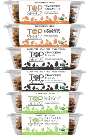 Top Seedz Certified Organic Gluten Free Sea Salt, Rosemary, & 6 Seed Crackers | 6-Pack | 5 Ounces | Healthy Vegan Crackers with Plant Based Protein | Made of Sunflower, Flax, Sesame and Pumpkin Seed