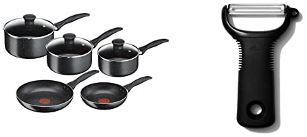 Tefal 5 Piece Origins Stone Pots and Pans set, Non Stick, Aluminium, Black, & OXO Good Grips Y Peeler