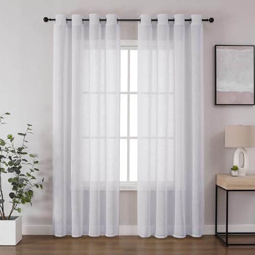CUCRAF Voile Vorhang Leinenoptik Weiß Gardinen mit Ösen Gardine Halbtransparent für Schlafzimmer Wohnzimmer H245 x B140cm 2er Set