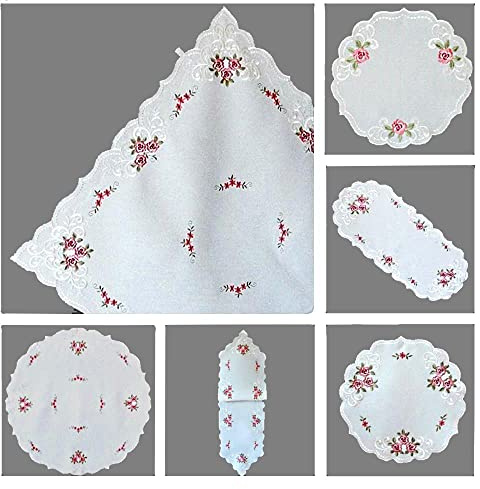 Raebel OHG Tischläufer rund oval Elegante Rosenromantik mit Glanzstickerei weiß rosa (30 x 45 cm)