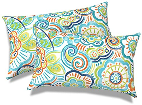 Melody Elephant Outdoor Lumbar Pillows, Water Repellent Cushion Pillows 12x20 Inch, Outdoor Pillows with Inserts for Home Garden, Pack of 2, Flower Blue