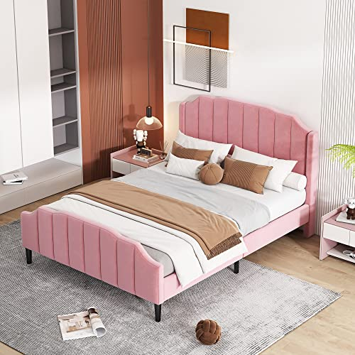KecDuey Polsterbett 140 x 200 cm,Doppelbett Bettrahmen mit Kopfteil, Fußteil und Lattenrost Beige Samt gepolstertes Jugendbett Gästebett (Rosa)