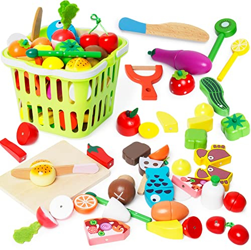 Siairo Kinderküche Zubehör Holz Küchenspielzeug Schneiden Spielküche Zubehör Obst Gemüse Lebensmittel Küche Holzspielzeug Kinderspielzeug mit Schürze für Kinder ab 3+ Jahren Jungen Mädchen