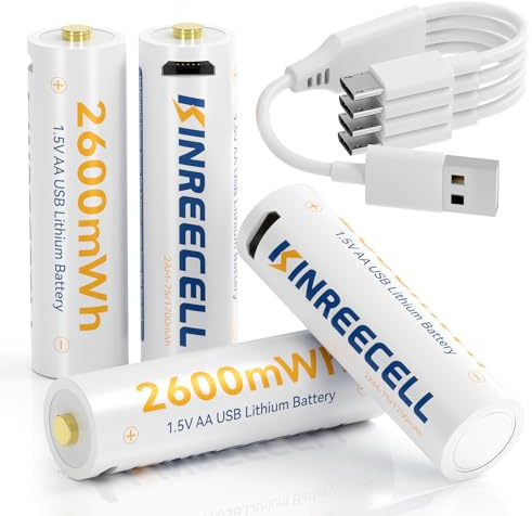 Batteria ricaricabile AA agli ioni di litio, 2600 mWh 1,5 V, batteria AA a uscita costante con 4 e 1 cavi USB, ricarica rapida in 1,5 ore, 1500 cicli di ricarica per serrature intelligenti, controller
