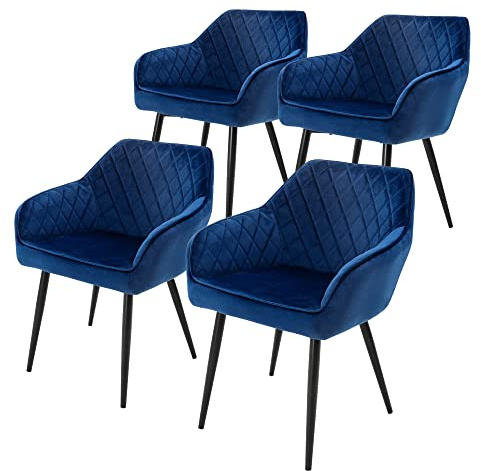 ML-Design Esszimmerstühle 4er Set mit Samtbezug, Dunkelblau, Küchenstuhl mit Armlehne und Rückenlehne, Polsterstuhl mit Stahlgestell, Ergonomischer Stuhl für Esstisch, Esszimmerstuhl, Wohnzimmerstuhl