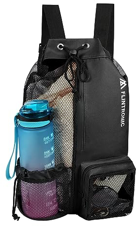 flintronic Swimming Bag, Waterproof Swim Bag Sport Gym Bag, Drawstring Mesh Bags, Large Swim String Backpack with Wet & Dry Compartment, Swimming Equipment Bag for Men Women Beach, Gym, Sport, Black