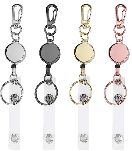 4 St Heavy Duty Utdragbar Nyckelring, Metall Utdragbar Nyckelring med Bältesklämma Märkesrulle-ID-Hållare för Kort Nyckel Namn (Sliver, Rose Gold, Gold, Grey)