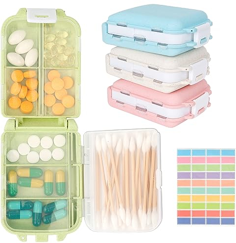 Portapillole Giornaliero 4 Pezzi, Settimanale a 8 Scomparti Rimovibili, Tascabile da Viaggio per Portare Vitamine, Olio di Pesce e Farmaci (Con Etichette Scrivibili)