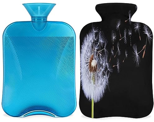 Wärmflasche mit Pusteblumen-Aufdruck, mit flauschigem Bezug, 2 l, großes Fassungsvermögen, Löwenzahn-Design, Flasche, Wasserbeutel für gemütliche Nächte, Linderung von Schmerzen, Rücken, Nacken und
