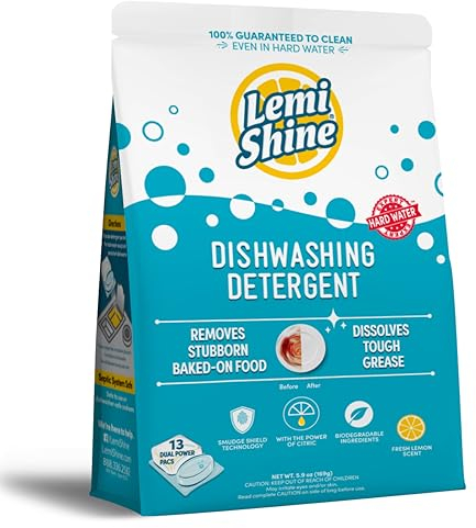 Lemi Shine Natural Dishwasher Pods | All-In-One Powder & Gel Dishwasher Detergent Pods with Powerful Citric Acid | Eco Friendly Dish Wash Cleaning Supplies (13 Count)