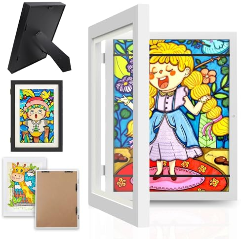 Krobby - Cornice per Disegni Infantili - Cornice per Conservare Disegni - Apertura Frontale Magnetica e Chiusura Magnetica - Contiene fino a 150 Disegni - Design Bianco - Cornice A4 (21 x 29,7 cm)