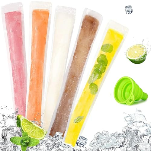 trabag 120 Stück Wassereis Tüten, Transparent, Polyethylen, Wassereis Formen Mit Trichter, Eis Am Stiel, Diy Wassereis Tüten für Joghurt, Saft & Smoothies, Stangenwassereistüte(28 X 5.5cm)