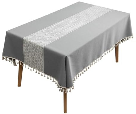 BCughia Tischdecke 140x240 Grau, Tischdecke Abwaschbar Esszimmer Rechteckig Polyester Welle Streifen mit Quasten Tischbedeckung für Küche Esstisch Dekoration