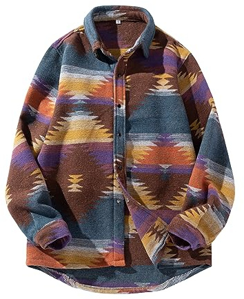 FindThy Herrskjortor i borstad flanell, etniskt aztektryck, knappar, , tribal-skjorta, jacka, skjortjacka, 3XL