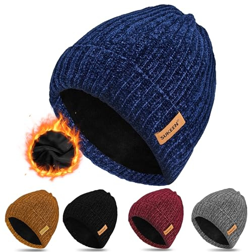 Sukeen Weiche Warme Beanie für Herren Damen, Mütze Herren Strickmütze Wintermütze Dehnbare Strickmütze mit Dickem,Warmem Futter,Klassische Unisex-Strickmütze in Einheitsgröße-Dunkelblau