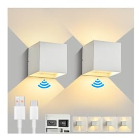 Rohociky 2 Stück 6000mAh Akku Wandleuchte mit Bewegungsmelder Innen 7W Aufladbare Wandleuchte Ohne Stromanschluss mit 3 Modi 3000K Wandlampe Akku für Treppe Flur Wohnzimmer Schlafzimmer-Weiß