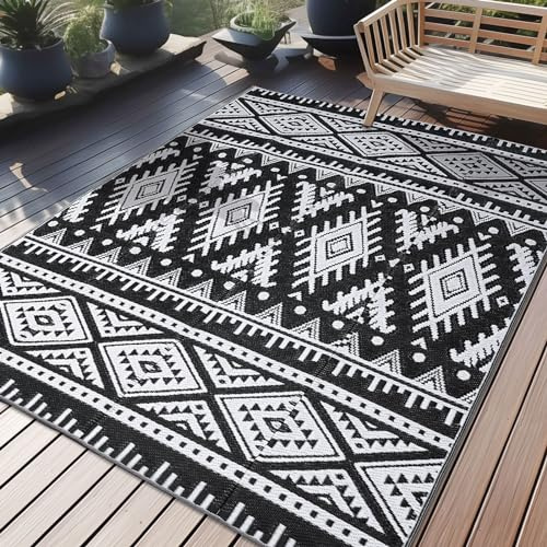 Homaxy Outdoor Teppich Wetterfest, 150x240cm, Schwarz & Weiß | Kunststoff Stroh Faltbar Waschbar UV-beständig Wendbar Balkon Garten Teppich für Terrasse Camping Picknick