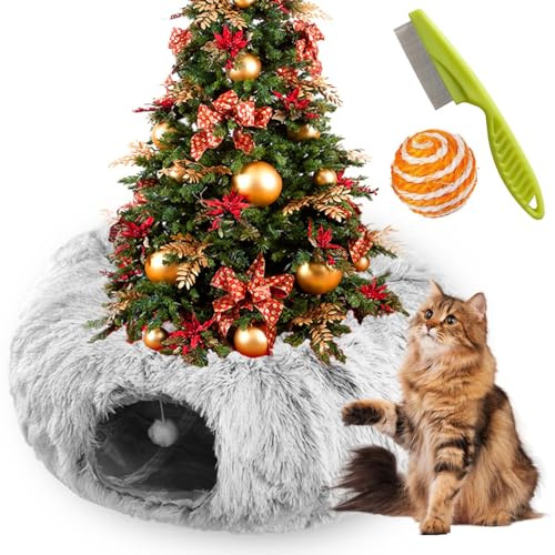 Syeefula Katzentunnelbett unter dem Weihnachtsbaum, Katzentunnel Weihnachtsbaumrock, Katzentunnel, Katzentunnel für Weihnachtsbaum, Weihnachtskatzentunnel, Baumrock für Katze Hunde (Grau)