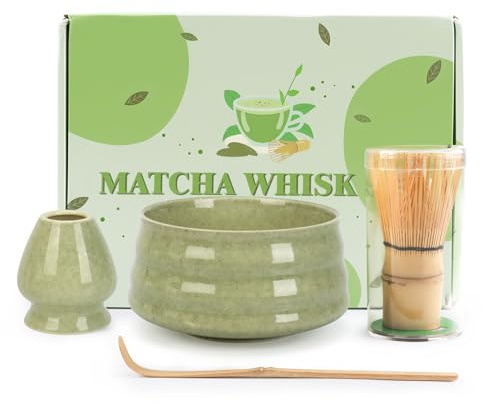 4-teiliges Matcha-Set mit Bambus-Besen (Chasen), Schale & Löffel (Chashaku) - Traditionelles Matcha Zubehör für Teezeremonie zuhause & im Büro - Geschenk in Grün