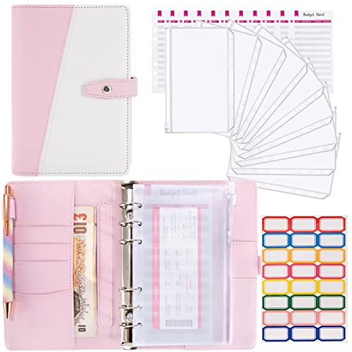 A6 Ringbuch Notizbuch, Binder Budget Planner, PU Leder Notebook Ringbuchordner mit 12pcs Binderumschlägen, 12pcs Budgetblätter, 24pcs Etikettenaufklebern (Rosa + Weiß)