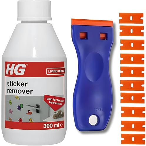 Sticky Stuff Remover with Amara Plastic Scraper & 10 Blades - HG Sticker Remover 300ml & Plastic Scraper - Sticker Remover, Sticky Label Remover, Adhesive Remover, Glue Remover and Car Sticker Remover