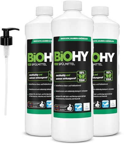 BiOHY Detergente para lavavajillas Plus (3 x 1 litro) + dispensador de bomba, concentrado líquido orgánico para vajilla con etiqueta ecológica de la UE, desengrasante extrapotente, ideal para