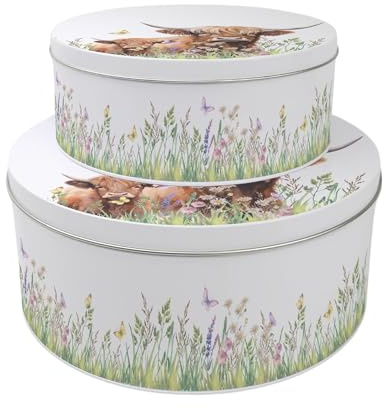 Purely Home Highland Cow & Calf Set of 2 Cake Tins - Nesting Round Large & Medium Metal Storage Containers for Cakes and Baking - Homeware Gifts