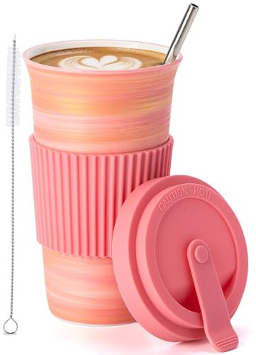TIANNA VALLEY Tazza da Caffè da Viaggio in Ceramica Rosa con Coperchio e Cannuccia (450ml), Tazza Artigianale, Sicura per Microonde/Lavastoviglie, Idee Regalo Originali