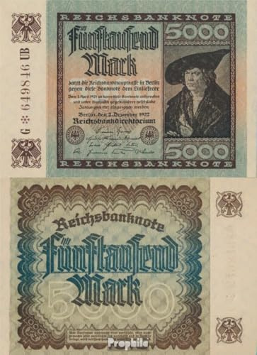 Prophila Collection Geldschein Deutsches Reich RosbgNr: 80c, Wasserzeichen Gitter mit 8 bankfrisch 1922 5000 Mark (Banknoten für Sammler)