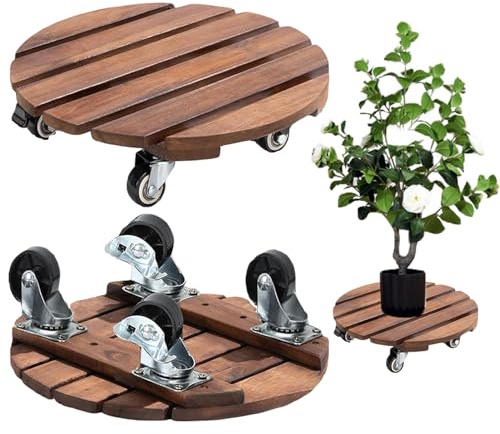 Cnwinu 2 Pack Wooden Plant Stand with Metal Lockable Caster Wheels,30cm Heavy Duty Plant Trolley,360°Rolling Plant Caddy with Wheels for Indoor Outdoor Home Garden(2 Pieces Dark Brown Round)