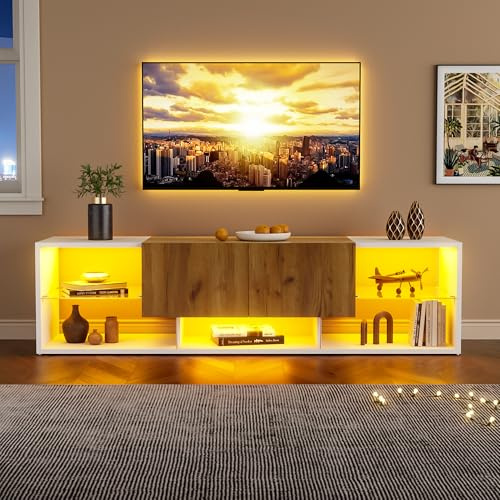 Console per TV a 3 livelli per TV fino a 70, moderno centro di intrattenimento per TV con piattaforma di archiviazione in vetro e 2 cassetti, supporto TV, adatto per soggiorno, camera da letto