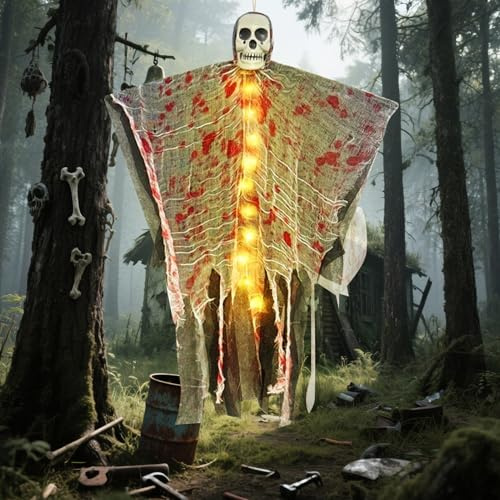 Vartegas Halloween Deko Outdoor Skelett Hängend, LED Geister Garten 90cm, Halloween Dekoration, Horror-Design, Gruselig, für Garten Innen Party Deco (B)