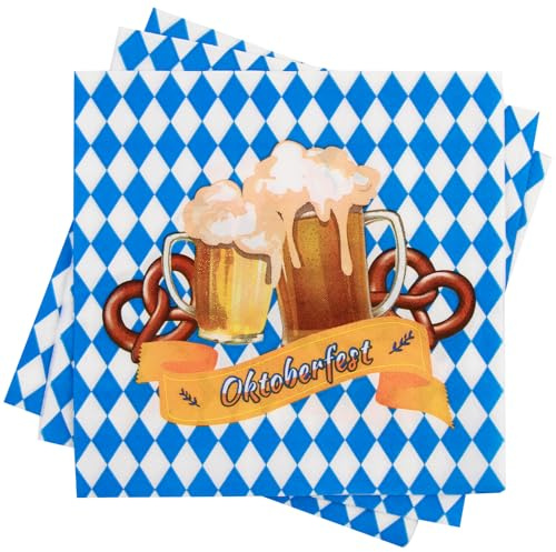 Oktoberfest Servietten, 40 Stück Bayrische Servietten Blau Weiß Oktoberfest Deko 33x33 cm Biergarten Geschenk Dekoservietten mit Bier für München Bierfest Party