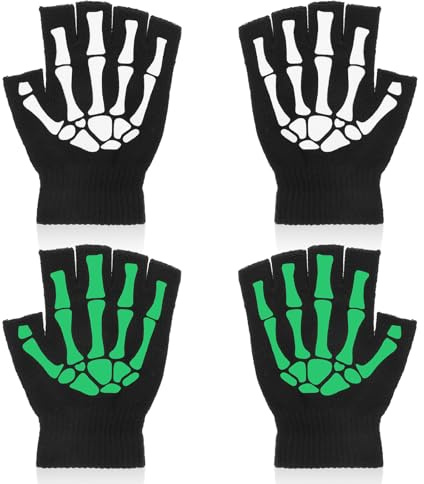 CIATBYYJ Halloween Skelett Handschuhe, 2 Paar Leuchtet Halbfinger Handschuhe Skelett, Fingerlose Knochen Handschuhes, Skeleton Gloves Unisex Kostüm Zubehör für Halloween, Karneval, Cosplay